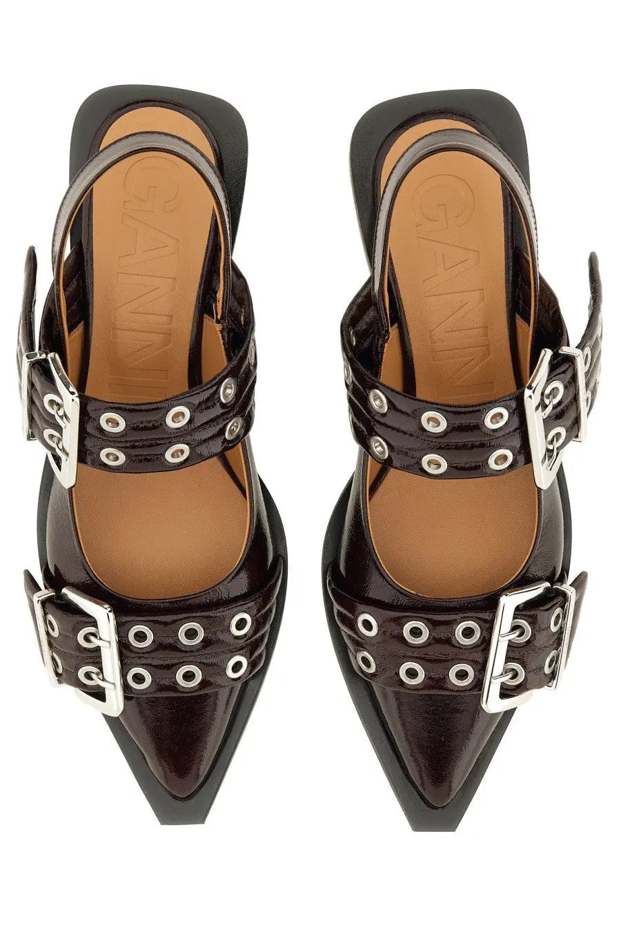 Black patent leather pointed-toe mules with silver-toned buckle straps and eyelets for women by Ganni