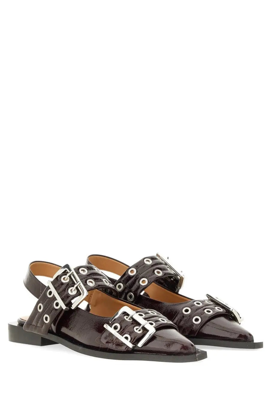 Ganni women’s ballerina con fibbia red black patent leather sandals with silver double buckles and circular eyelets