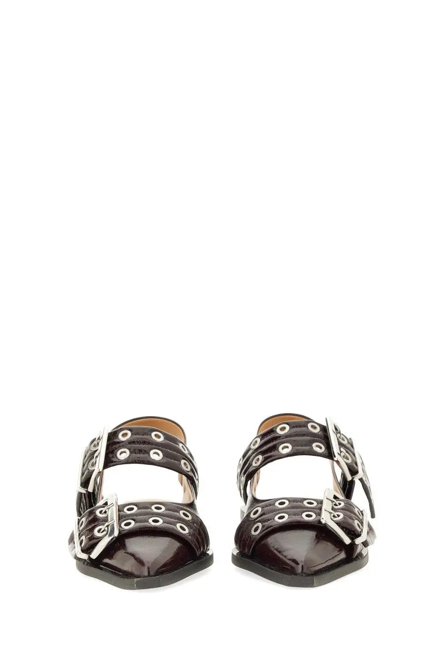 Black patent leather sandals with multiple silver buckle straps and eyelets from ganni womens ballerina con fibbia red