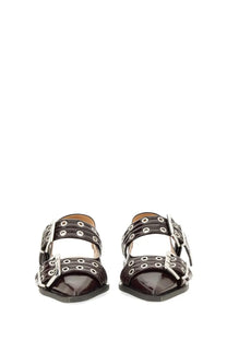 Black patent leather sandals with multiple silver buckle straps and eyelets from ganni womens ballerina con fibbia red