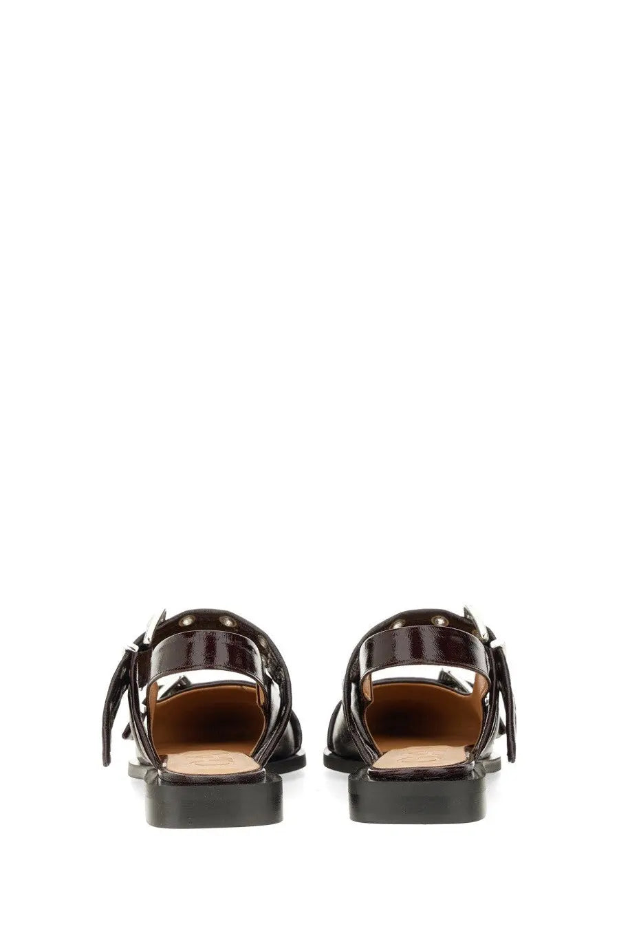 Ganni women’s ballerina con fibbia red black patent leather sandals with glossy finish and side tassel decoration