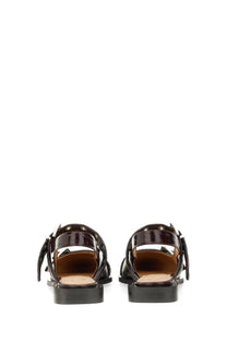 Ganni women’s ballerina con fibbia red black patent leather sandals with glossy finish and side tassel decoration