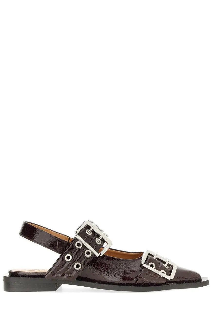 Dark brown patent leather sandal with two silver buckle straps and square toe from ganni women’s ballerina con fibbia red