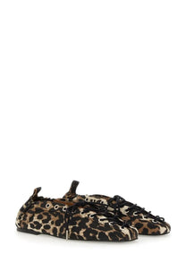 Ganni women’s ballerina lace pattern leopard-print flat shoes with black laces and silver eyelets
