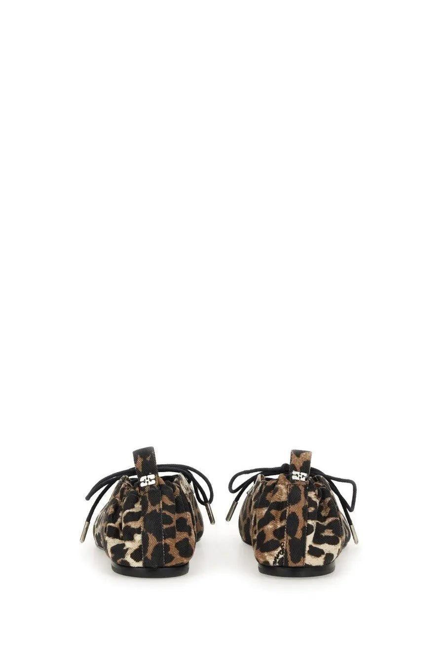 Leopard-print ballerina flat shoes with black laces and a metallic logo on the heel by ganni women