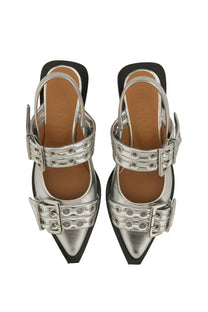 Ganni women’s ballerina silver metallic buckle sandals with pointed toes and black soles
