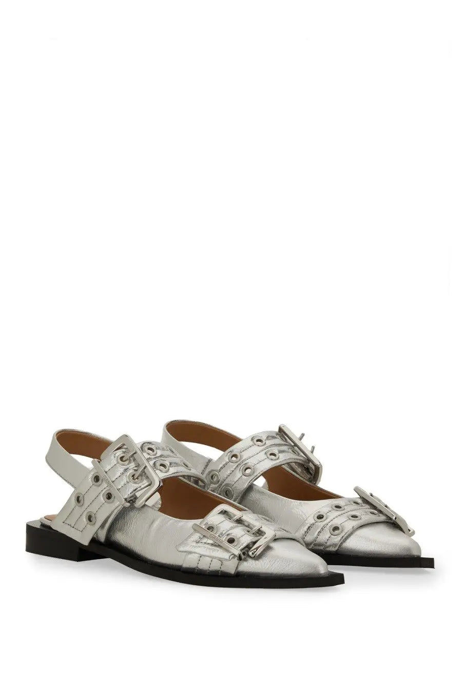 Ganni women’s ballerina silver metallic leather sandals with multiple buckle straps and pointed toe design