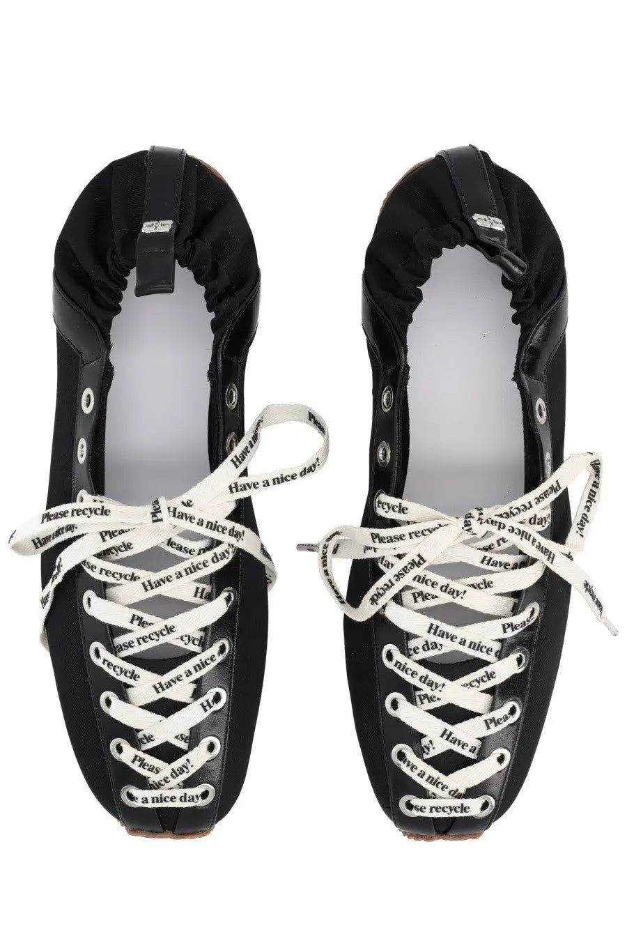 Ganni women’s ballerina sporty black flats with white laces printed with please recycle and have a nice day messages