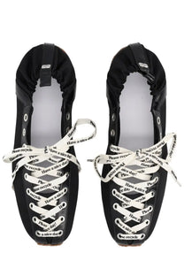 Ganni women’s ballerina sporty black flats with white laces printed with please recycle and have a nice day messages