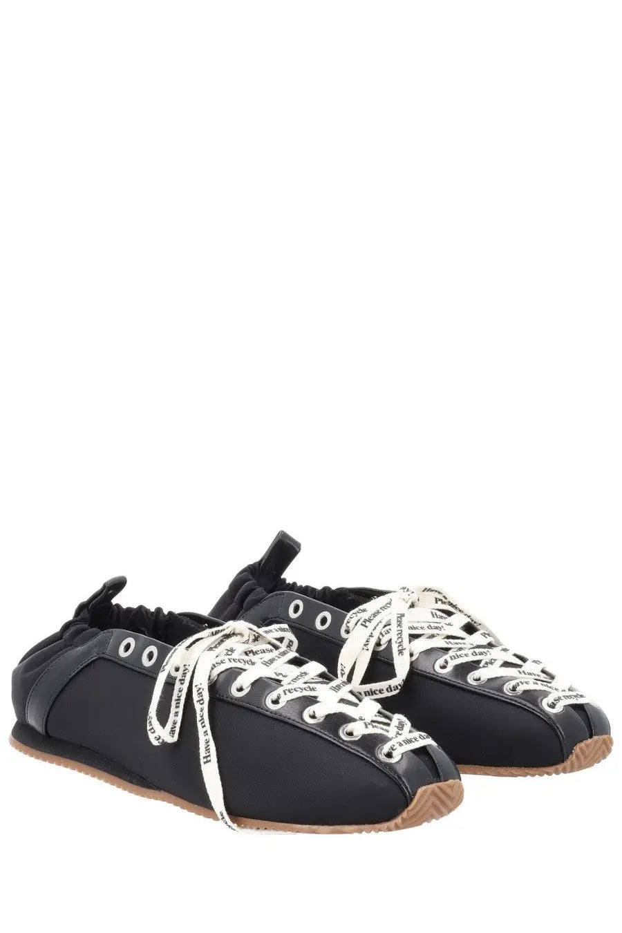 Ganni women’s ballerina sporty black canvas sneakers with white laces nice day text and tan rubber sole