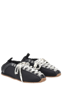 Ganni women’s ballerina sporty black canvas sneakers with white laces nice day text and tan rubber sole