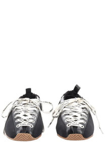Ganni women’s ballerina sporty black leather sneakers with white laces printed have a nice day and please recycle
