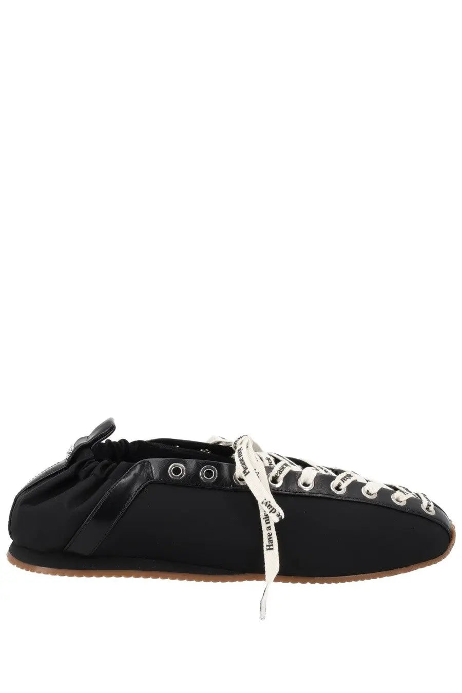 Ganni women’s ballerina sporty black sneaker in black patent leather with white laces and minimalist design
