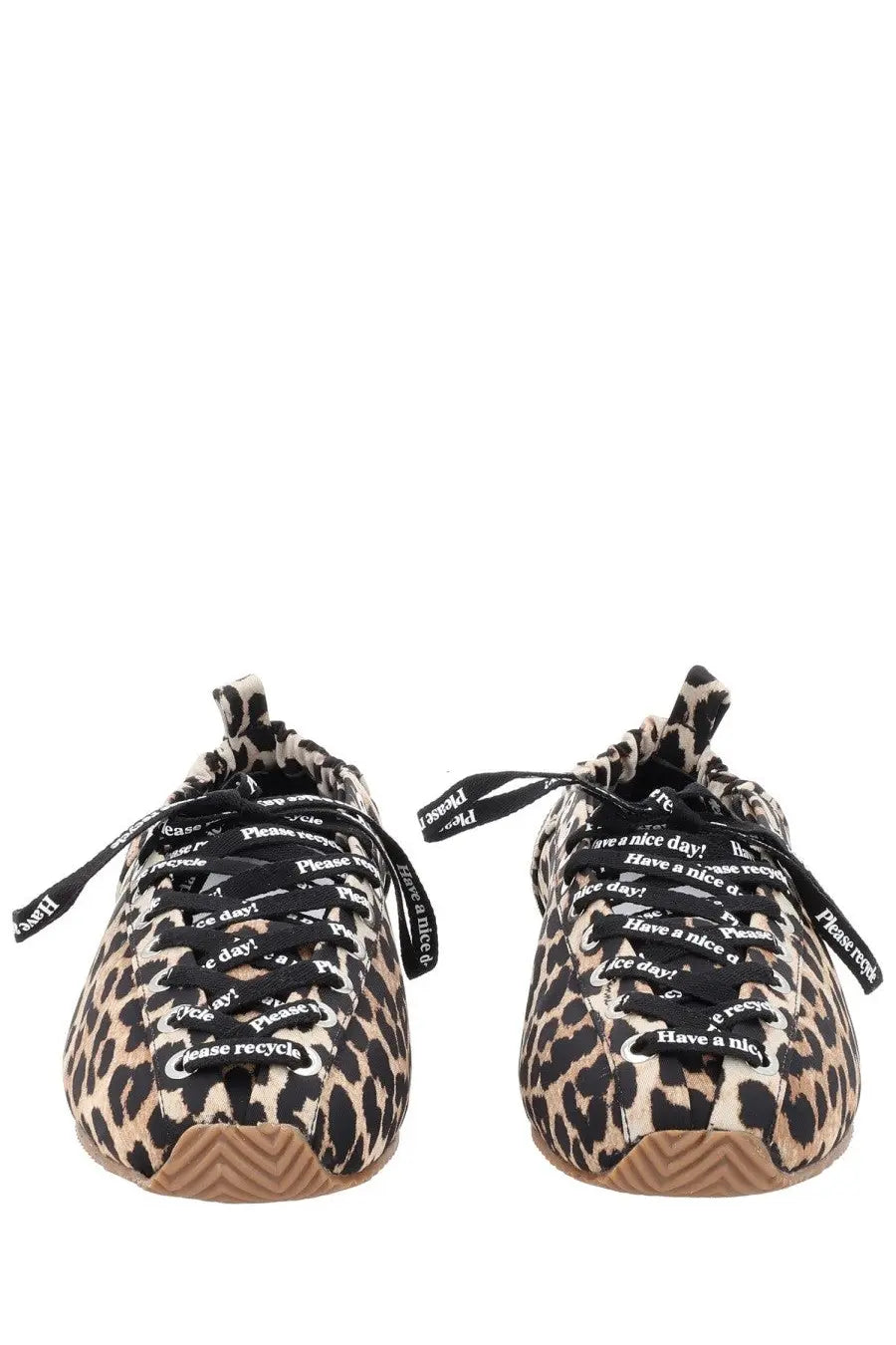 Ganni women’s ballerina sporty pattern black and tan leopard-print sneakers with please recycle text on white laces