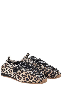 Ganni women’s ballerina sporty pattern leopard print canvas sneakers with black laces and please be a nice dog text