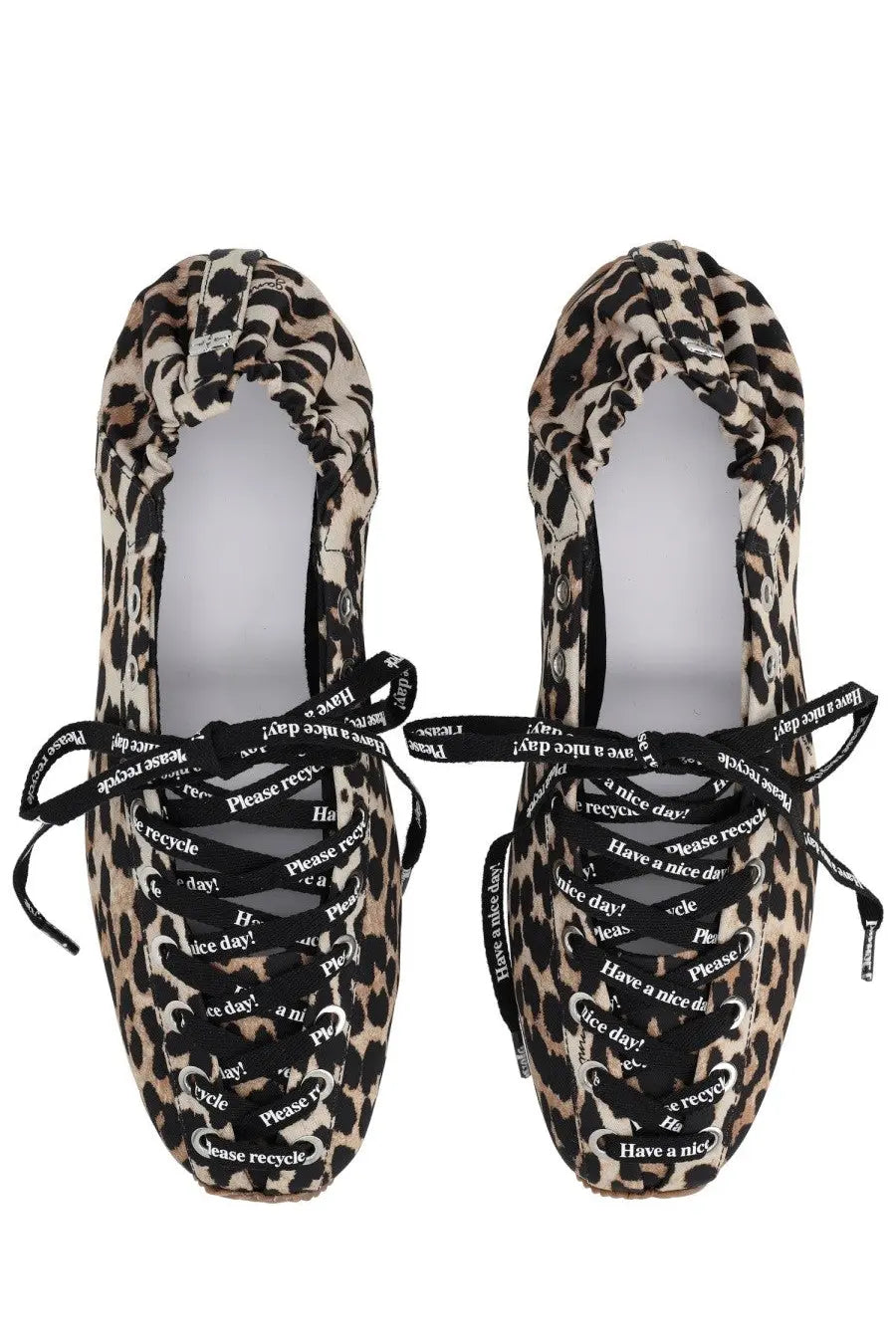 Ganni women’s ballerina sporty pattern leopard-print platform loafers with black laces and positive messages