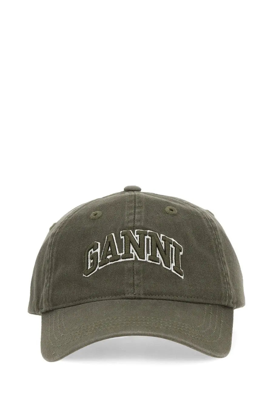 Olive green ganni women’s baseball hat with arched embroidered logo in contrasting dark thread