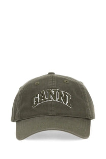 Olive green ganni women’s baseball hat with arched embroidered logo in contrasting dark thread