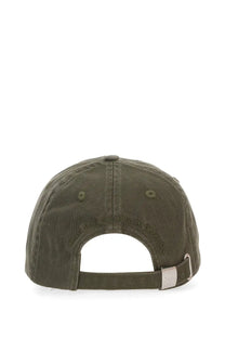 Olive green cotton baseball cap with embroidered ganni logo and silver metal buckle shown from the back side