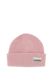 Ganni women’s pink ribbed knit beanie hat with white logo patch on folded brim