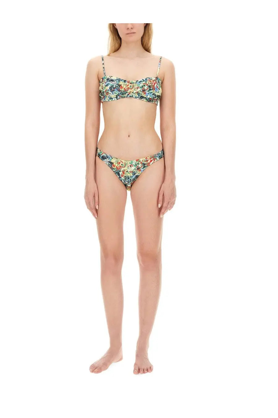 Ganni women’s multicolor floral-patterned two-piece bikini set with bandeau top and high-waisted bottoms