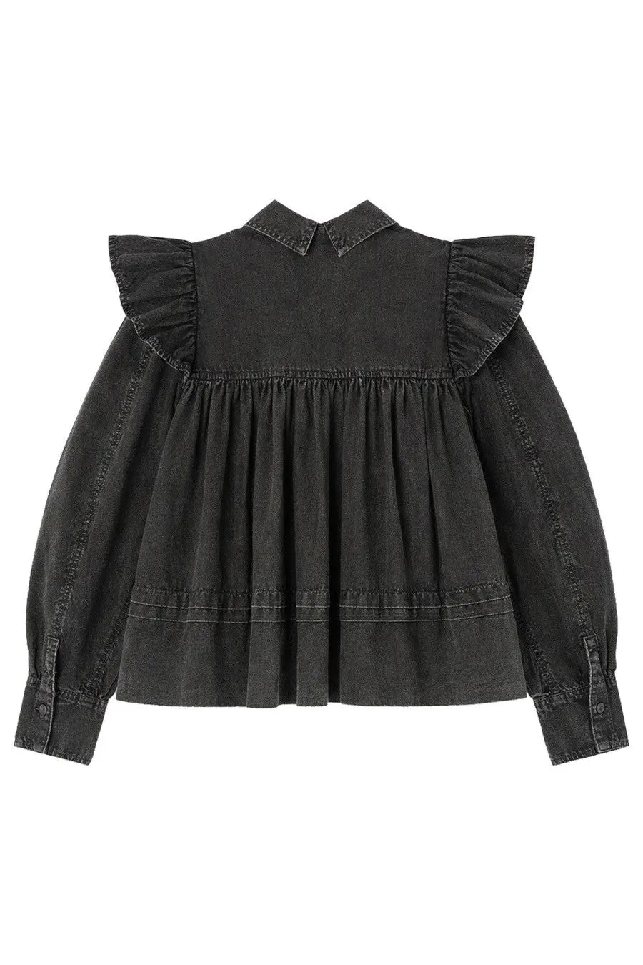 Ganni women’s black denim blouse with ruffled shoulders and gathered waist for stylish casual wear