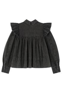 Ganni women’s black denim blouse with ruffled shoulders and gathered waist for stylish casual wear