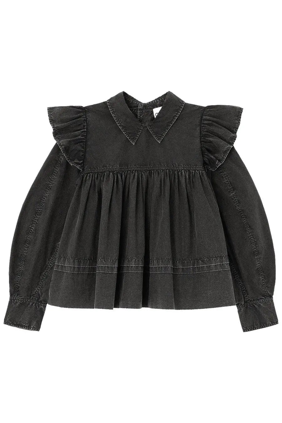 Ganni women’s black denim blouse with ruffled shoulder details and peter pan collar for stylish wear