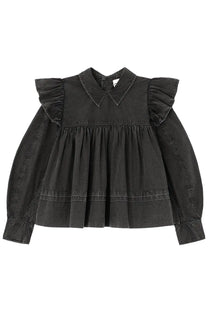 Ganni women’s black denim blouse with ruffled shoulder details and peter pan collar for stylish wear
