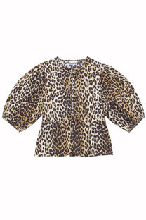 Ganni women’s leopard-print blouse with puffed sleeves and peplum hem in lightweight fabric for stylish wear