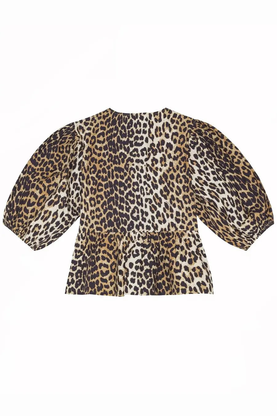 Ganni women’s leopard print blouse with puffed sleeves and peplum hem in lightweight fabric for stylish wear