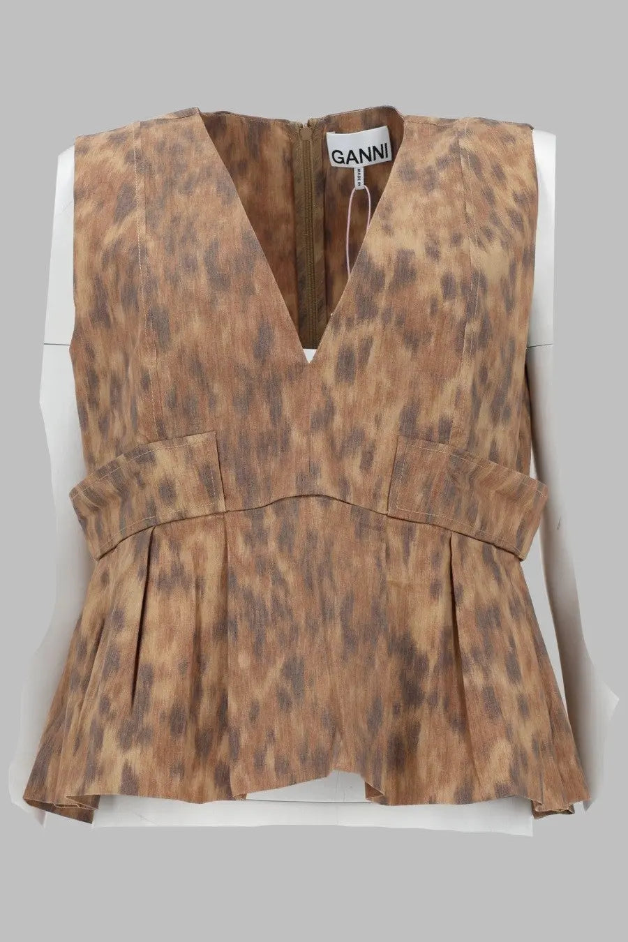 Ganni women’s sleeveless blouse in cotton with beige brown leopard print v-neck zipper and two front pockets
