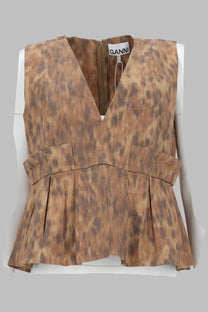 Ganni women’s sleeveless blouse in cotton with beige brown leopard print v-neck zipper and two front pockets