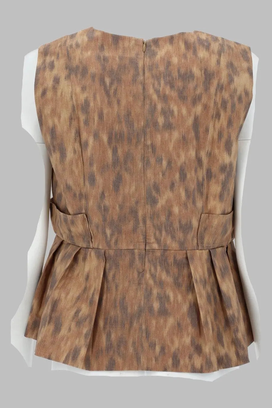 Ganni women’s beige cotton sleeveless leopard-print vest with peplum hem and two side pockets