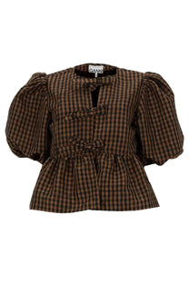 Ganni women’s brown and black checkered blouse with puffed sleeves and peplum hem in taffetà fabric