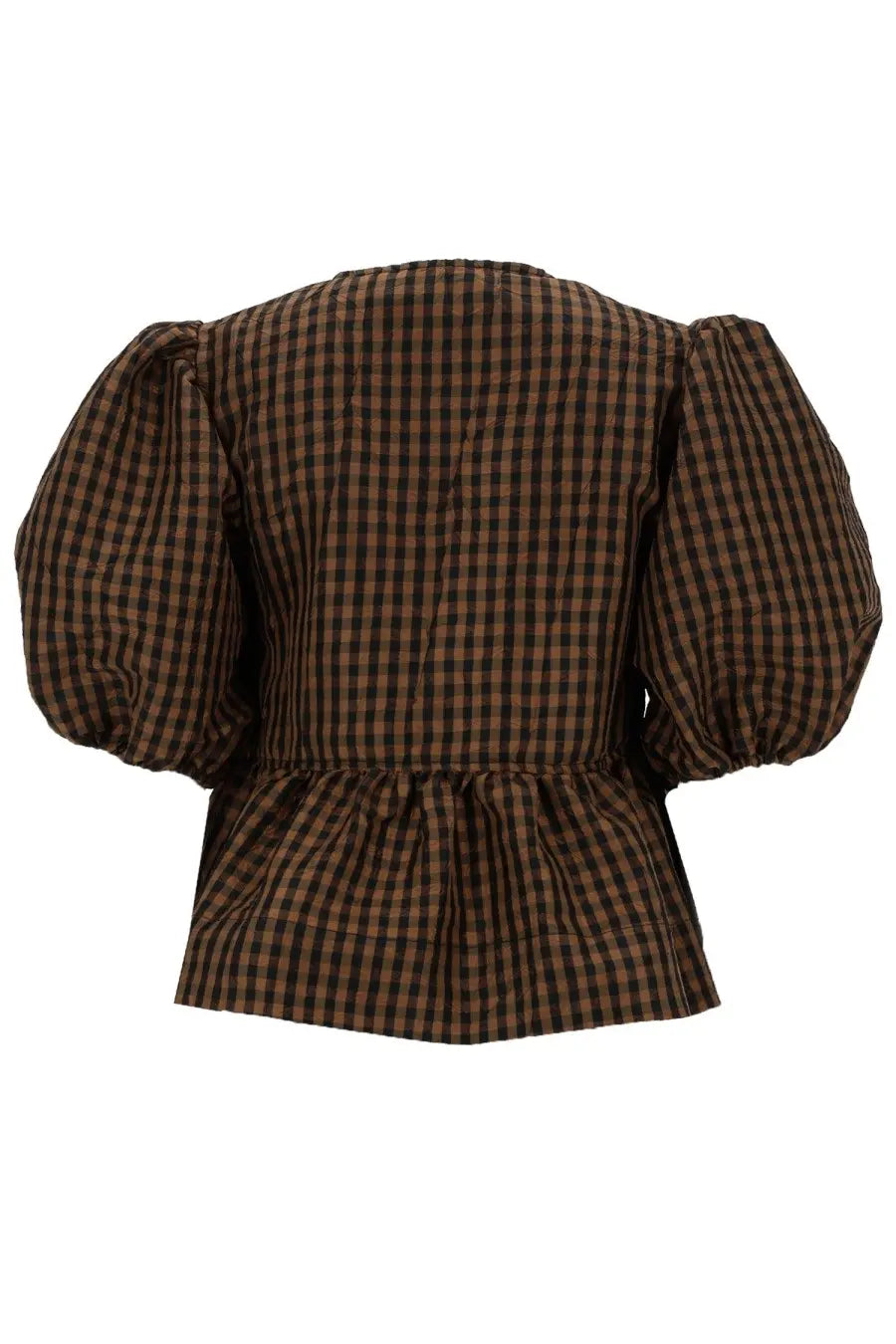 Ganni women’s blusa peplum brown checkered taffeta blouse with puffed sleeves and peplum hem