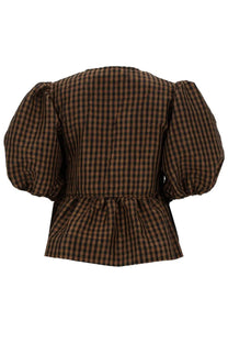 Ganni women’s blusa peplum brown checkered taffeta blouse with puffed sleeves and peplum hem