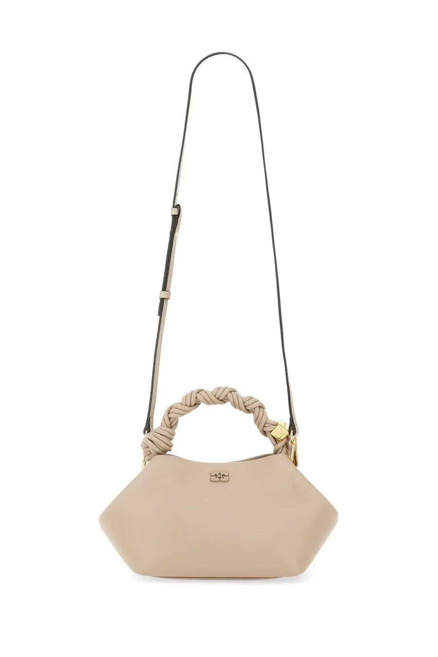 Beige hexagonal ganni women’s borsa bou grey handbag with braided leather handle and gold tone hardware