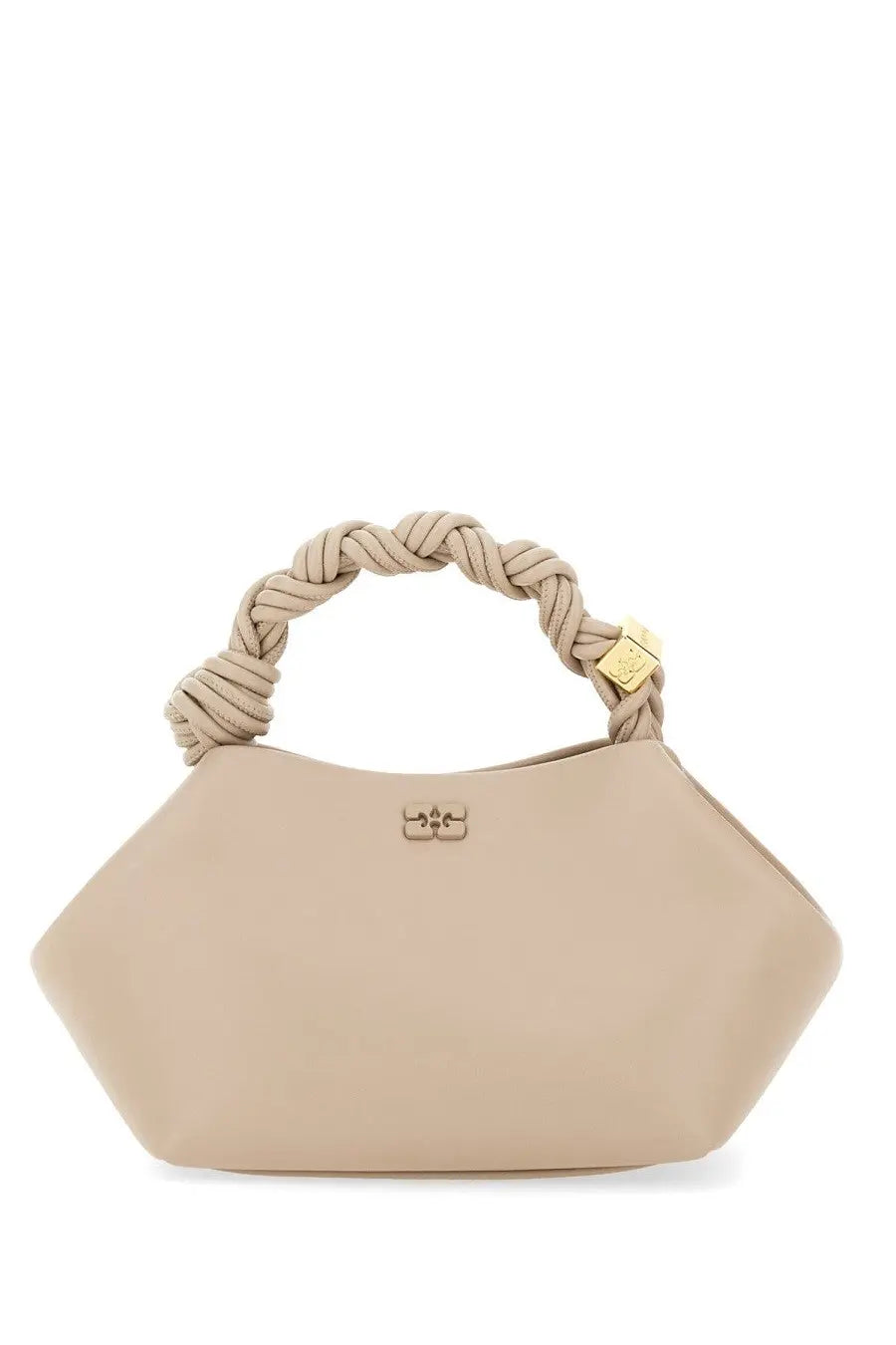 Beige leather ganni women’s borsa bou grey handbag with braided rope handle and gold tone hardware