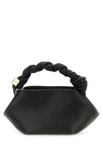 Ganni womens borsa bou mini black handbag with braided leather handle and embossed logo on front panel