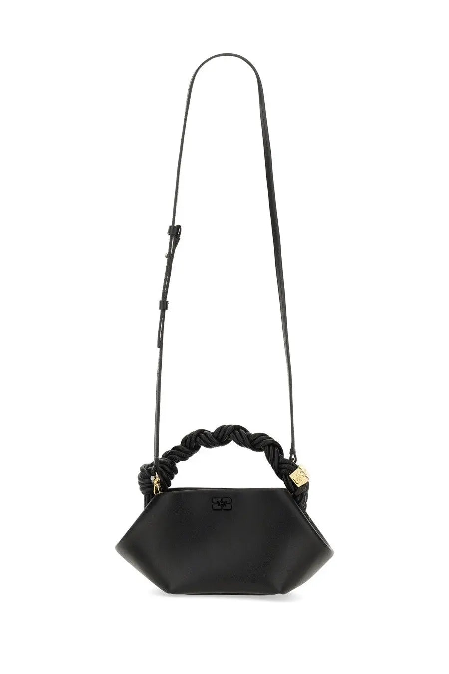 Ganni women’s borsa bou mini black leather handbag with braided handle and gold-tone hardware