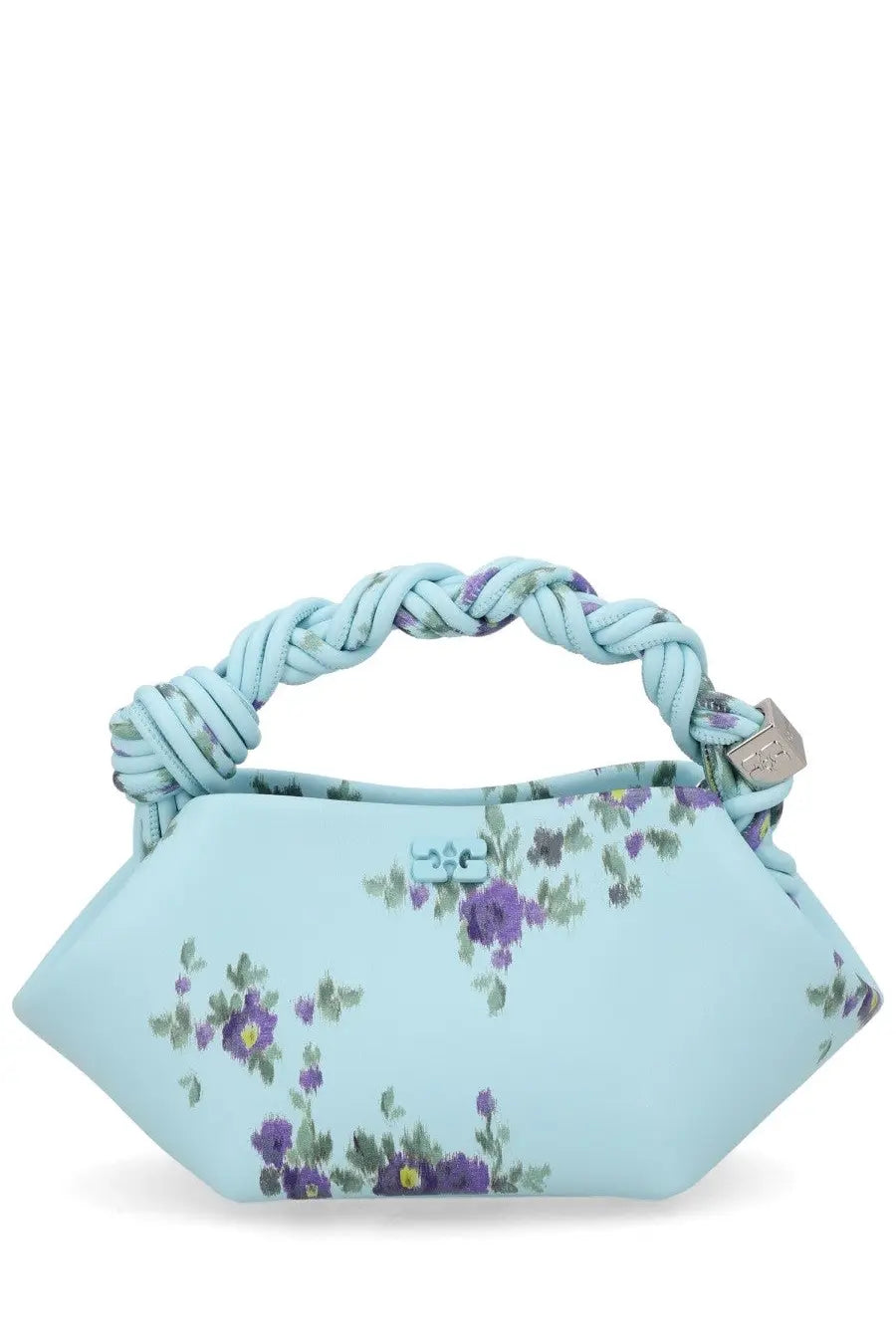 Ganni women’s borsa bou mini blue light blue floral handbag with braided handle and metallic hardware