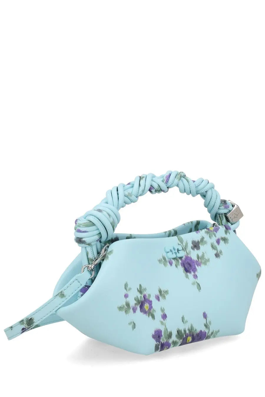 Ganni women’s borsa bou mini blue handbag with light blue braided handle and purple floral pattern