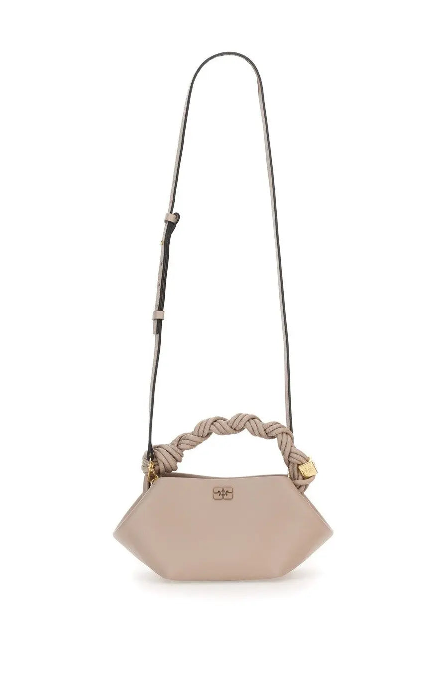 Ganni women’s borsa bou mini grey beige hexagonal handbag with braided leather handle and gold-tone hardware