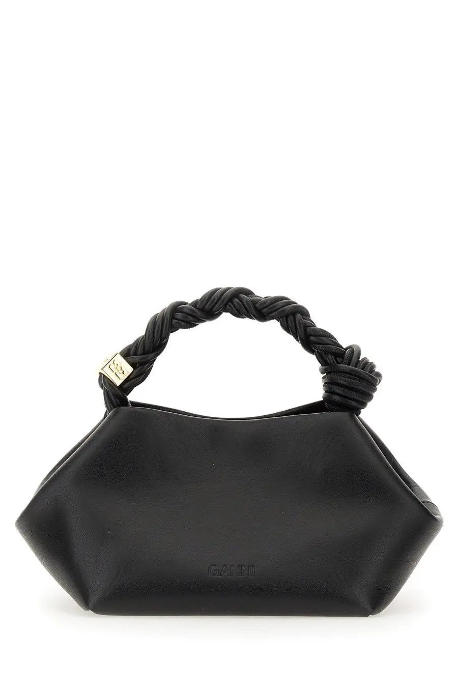 Black ganni borsa bou small handbag with braided leather handle and gold-tone hardware