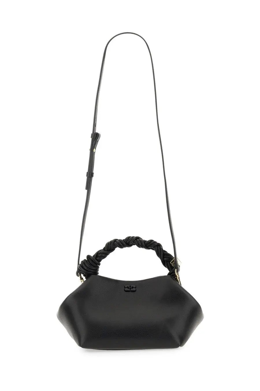 Ganni women’s borsa bou small black leather handbag with braided handle and gold tone hardware