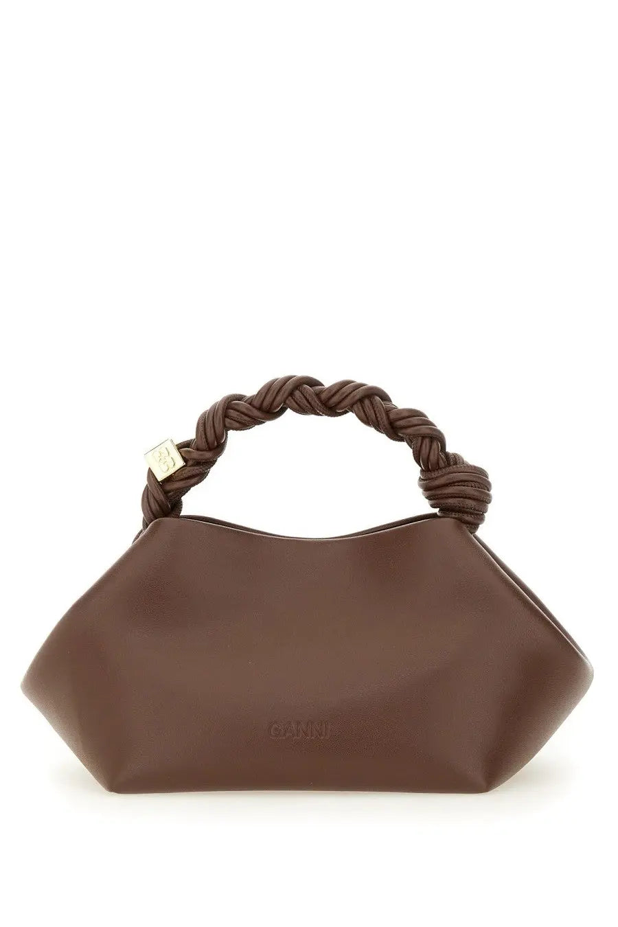 Ganni women’s borsa bou small brown leather handbag with braided handle and gold tone logo plaque