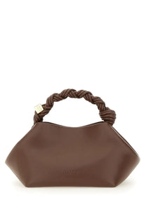 Ganni women’s borsa bou small brown leather handbag with braided handle and gold tone logo plaque