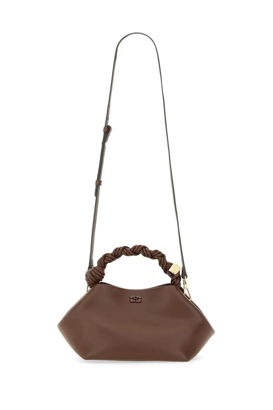 Ganni women’s borsa bou small brown leather handbag with braided handle and gold-tone hardware