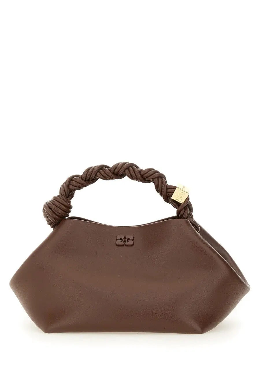 Ganni women’s borsa bou small brown leather handbag with braided handle and gold tone hardware